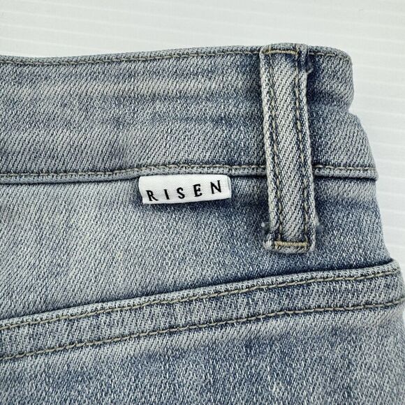 RISEN High Rise Frayed Hem Distressed Jean Shorts Raw Hem Light Wash Size 2 - Picture 4 of 10